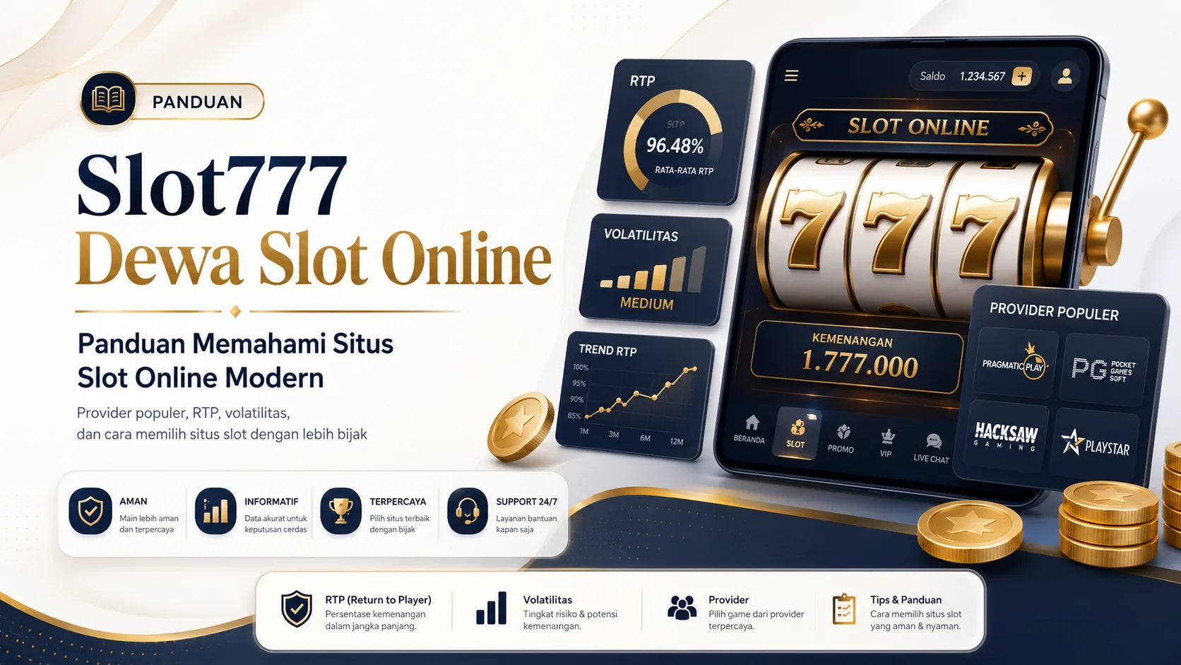 Ilustrasi Slot777 Dewa Slot Online dengan panduan RTP, volatilitas, provider populer, dan situs slot online modern